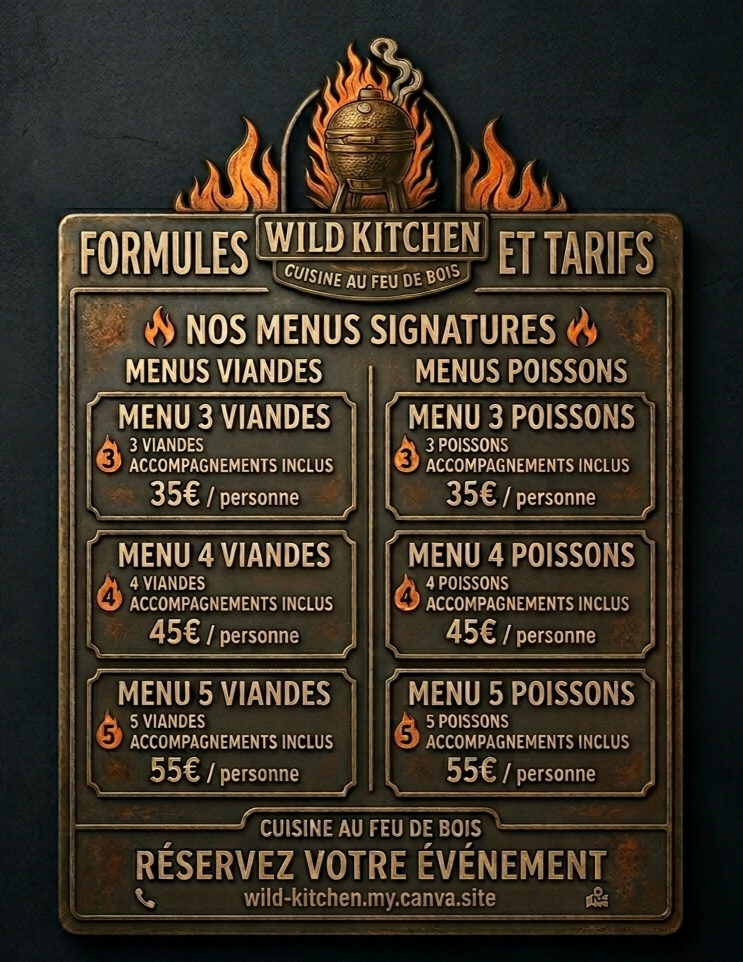 Formules et tarifs Wild Kitchen — menus viandes et poissons